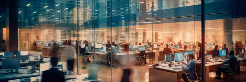 Office building with a large room full of tables and people working and part of the staff walking between the tables. Blurred people long exposure