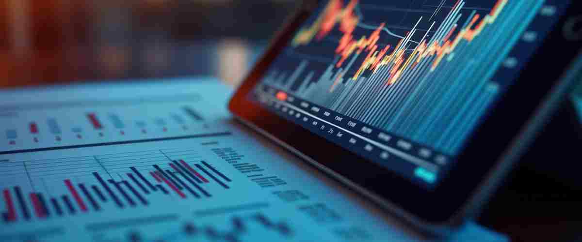 Digital financial graph on tablet displays business growth analysis. Printed quarterly reports alongside. Comparative analysis clear. Modern financial tech. Business trends. Growth projections