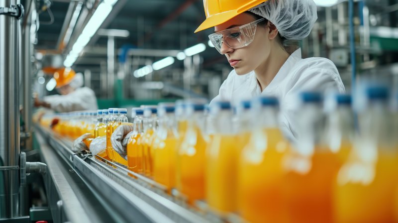 Female Employee Working On A Beverage Manufacturing Line