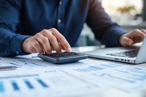 close up businessman hand using calculator to budgeting and tax calculation monthly expenses