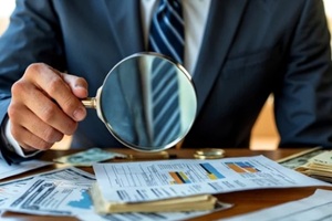 business investigator analyzing documents with magnifying glass