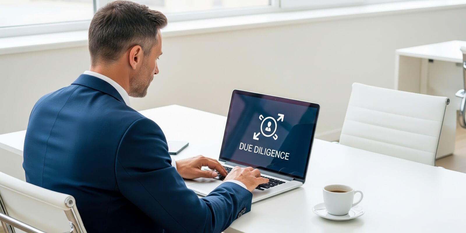 businessman conducting due diligence on laptop