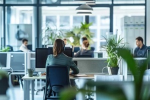 modern open-plan office with employees working at computers
