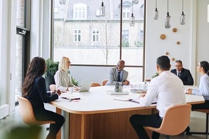 smiling group of diverse businesspeople having a boardroom meeting together