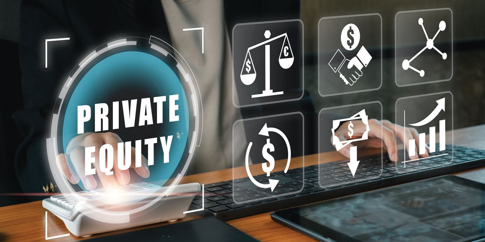conceptual image of private equity with financial symbols, showcasing investment strategies and business growth