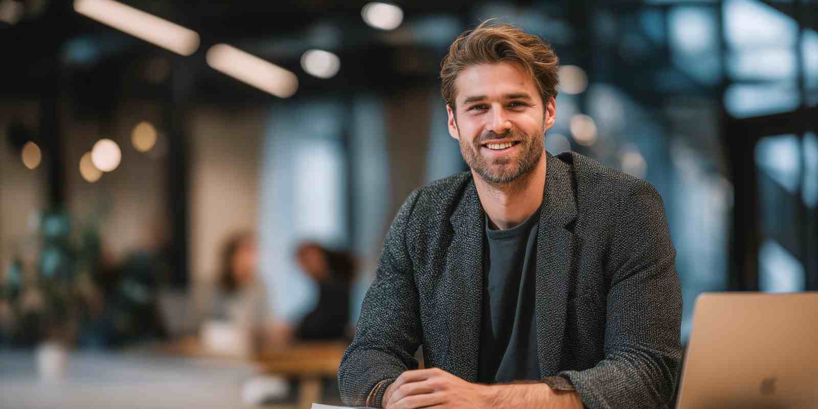 Young Smiling Post-Exit Founder Sitting in Office