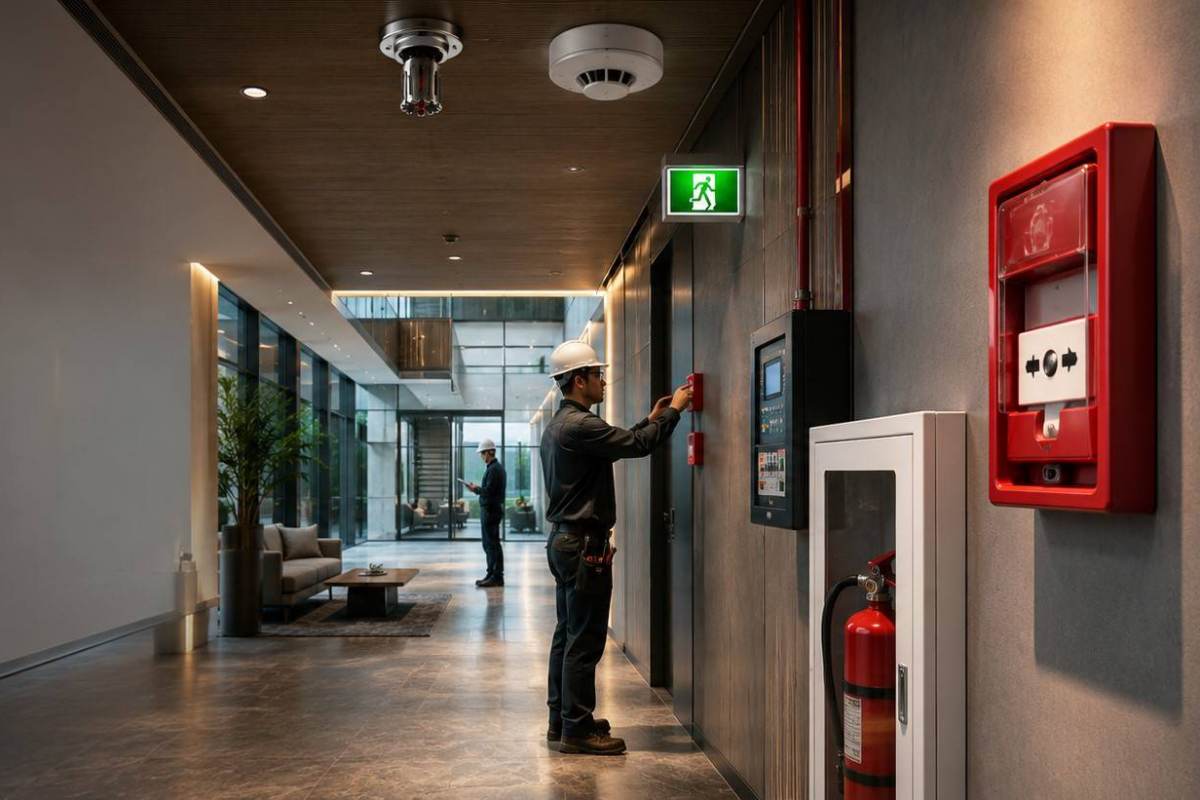 fire alarm inspectors looking through safety codes for their building