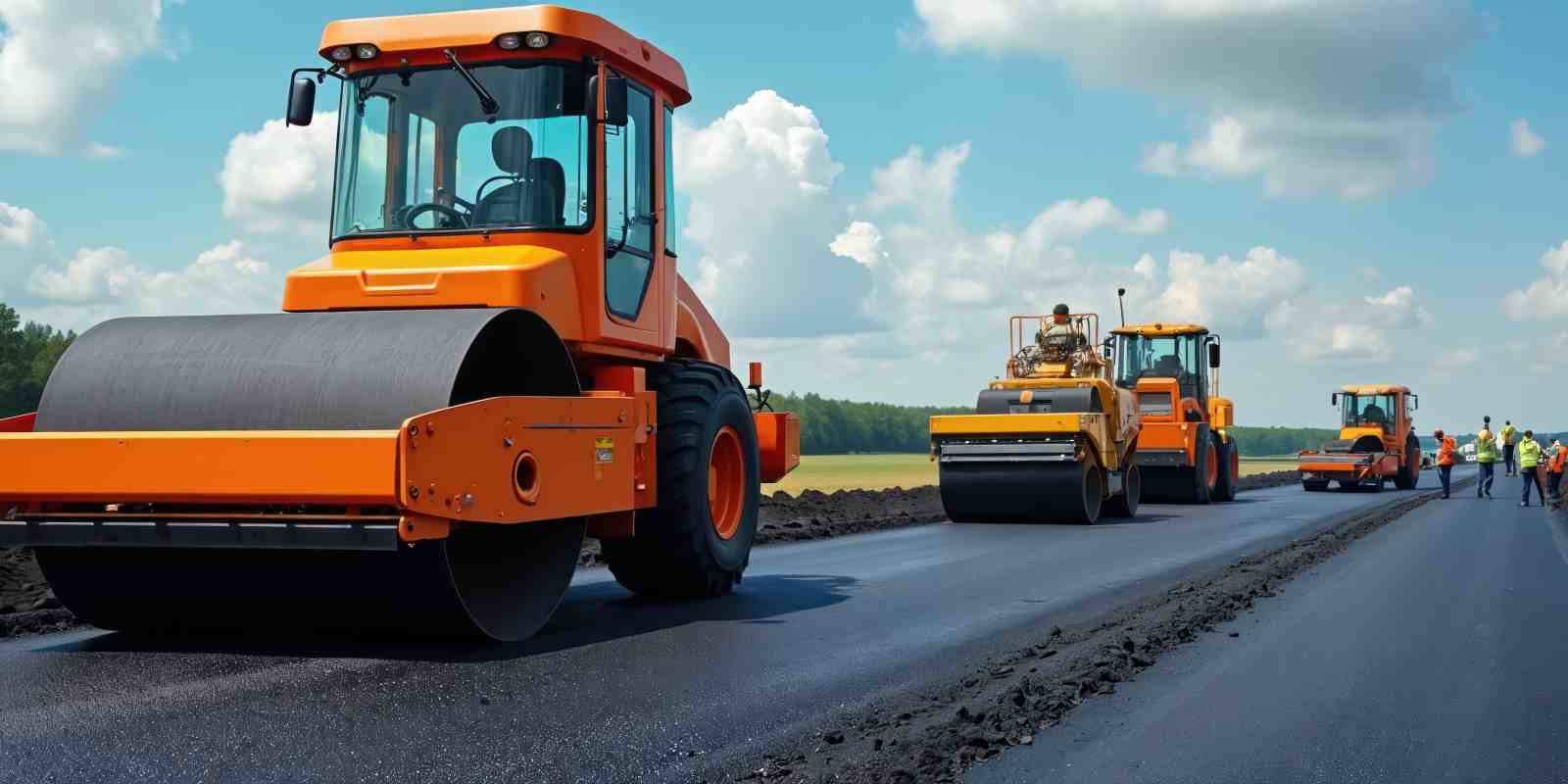 Paving Work Under Process with Heavy Machinery and Workers