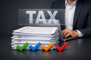 Person Working on Business Tax Document Processing on Laptop