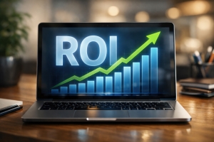 ROI Growth Concept on Laptop Screen with Financial Performance Analytics