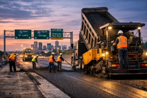 Workers Paving A Road with Tar and Heavy Equipment
