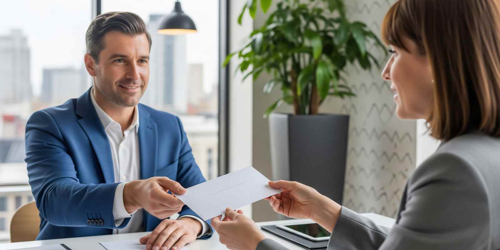 Businessman Giving Envelope of Compensation Check to M&A Advisor