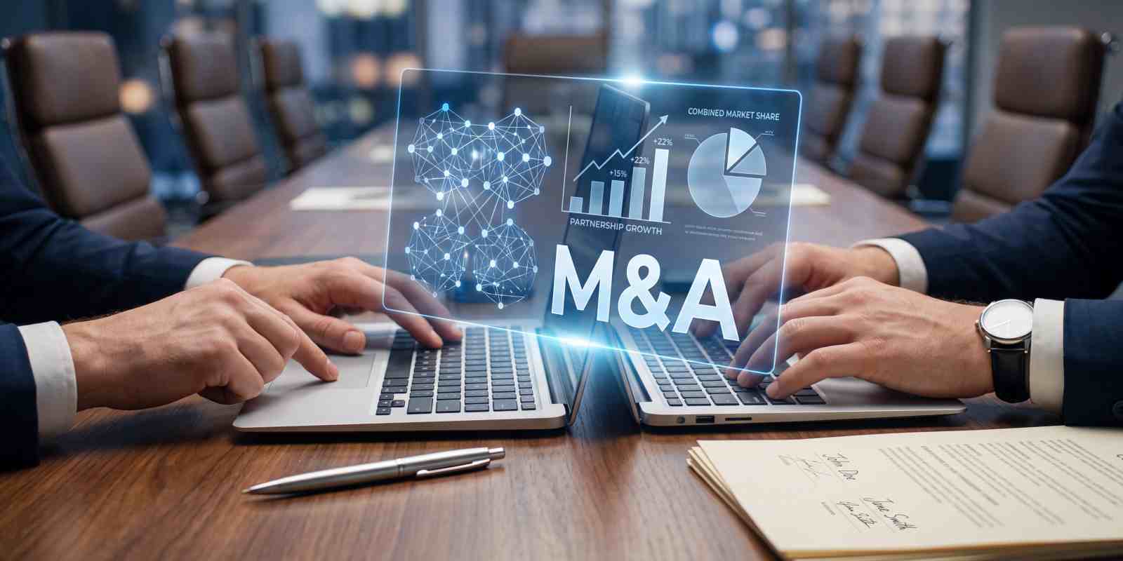 M&A Advisors Working on Their Laptop with HUD Hologram