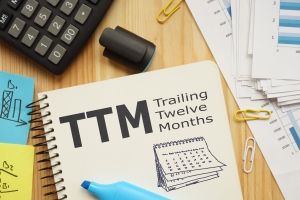 Trailing Twelve Months TTM Text on Notebook Near Financial Charts and Calculator on Office Table