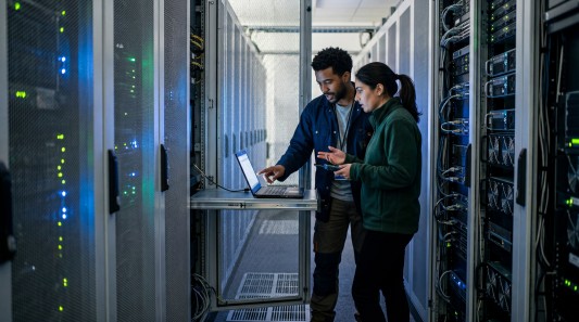 an it manager showing their analytics audit with a coworker