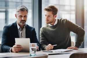 consultant reviewing fees and taxes with client